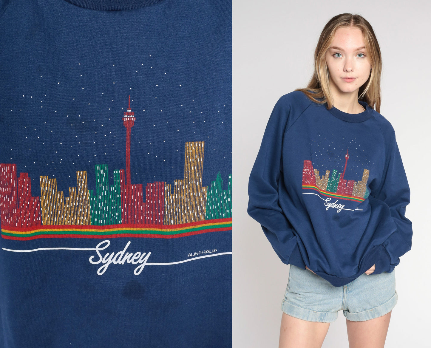 00s Sydney Australia Skyline Graphic Sweatshirt Navy Raglan Crewneck Small