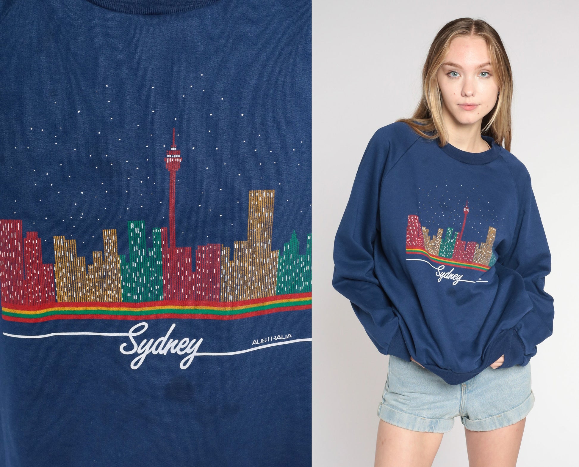 00s Sydney Australia Skyline Graphic Sweatshirt Navy Raglan Crewneck Small