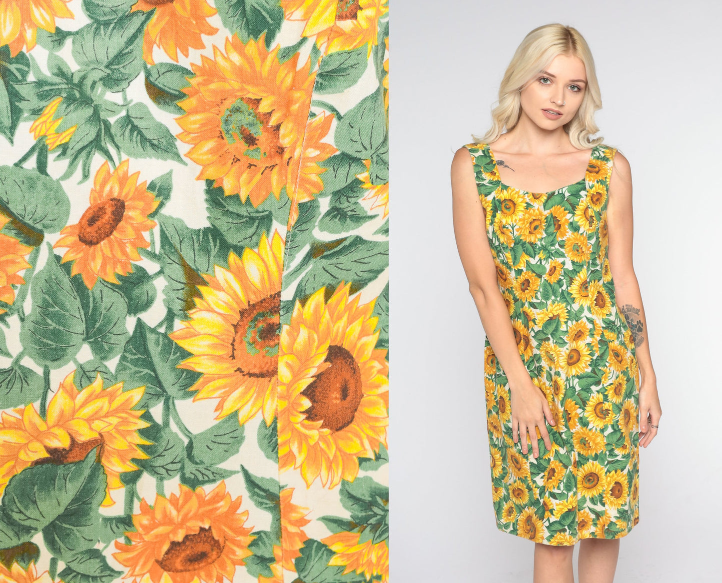 60s Sunflower Print Mini Dress Sleeveless Sheath Mod Small Medium