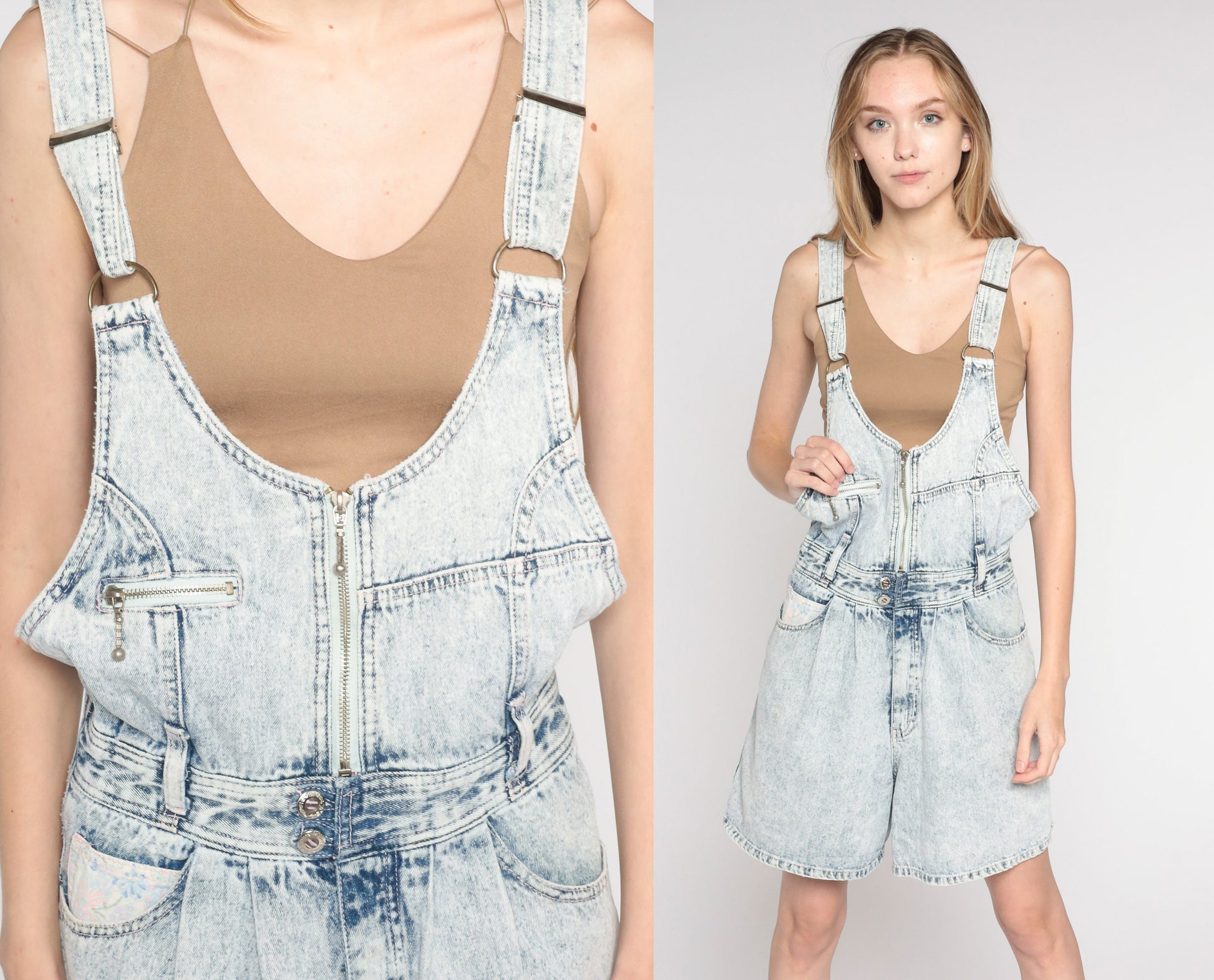 90s Acid Wash Denim Shortalls Light Blue Suspender Zip Chest Small S