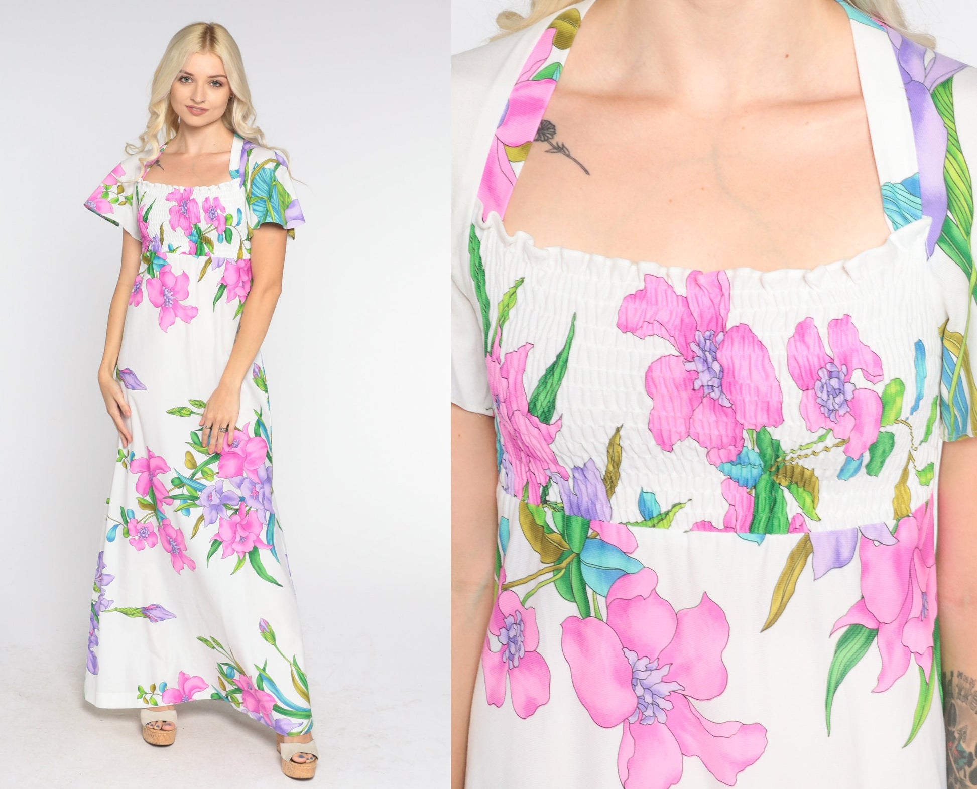 70s Tropical Floral White Maxi Dress Smocked Flutter Sleeve Empire Waist Small Medium