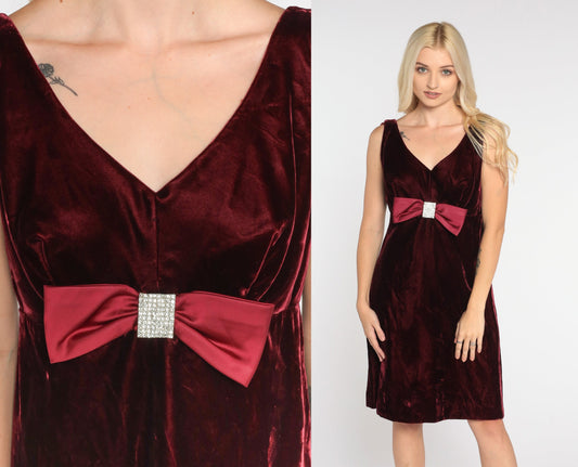 60s Red Velvet Mini Dress Rhinestone Bow V Neck Low Back Small