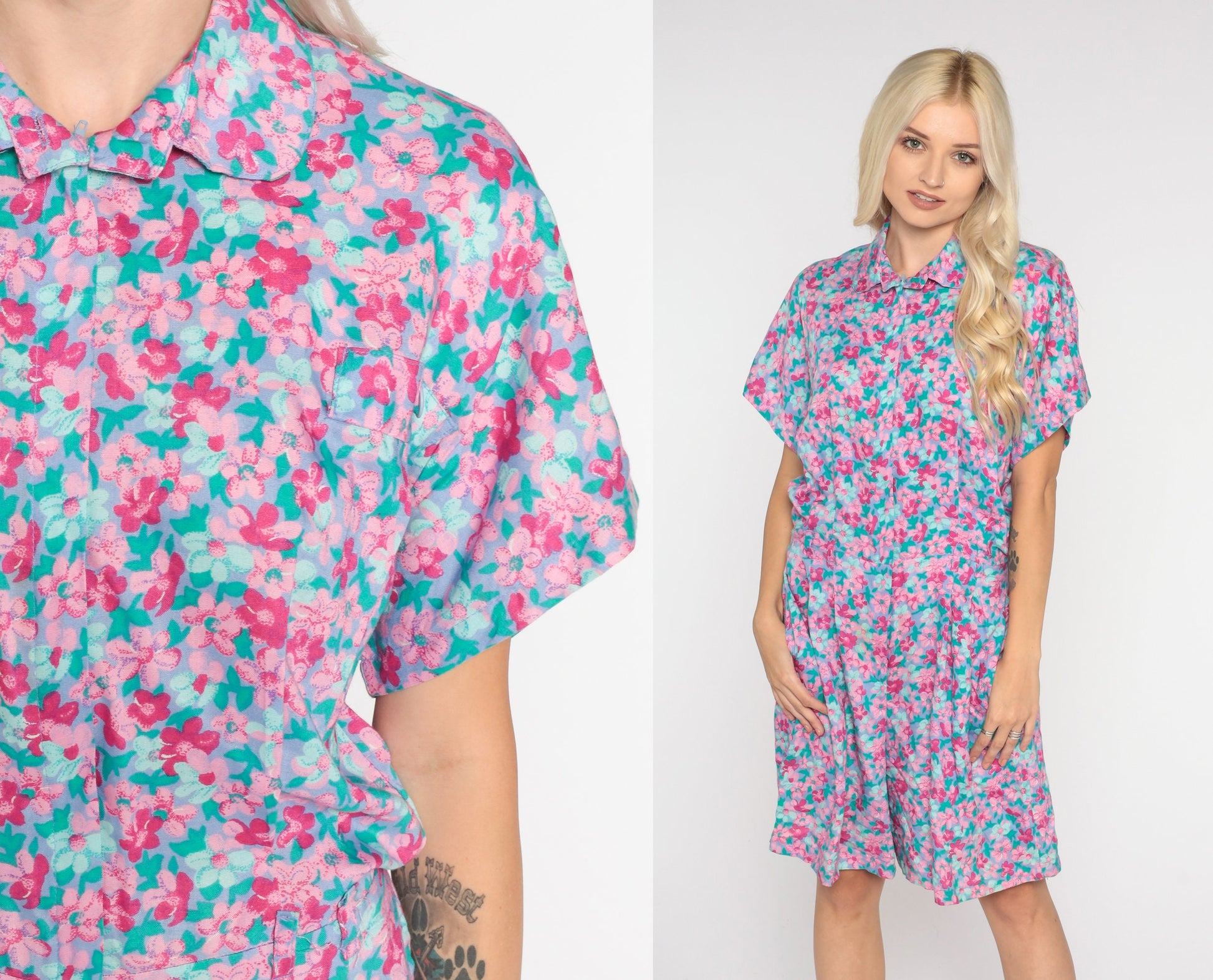90s Floral Romper Purple Pink High-Waisted Shorts Playsuit Medium