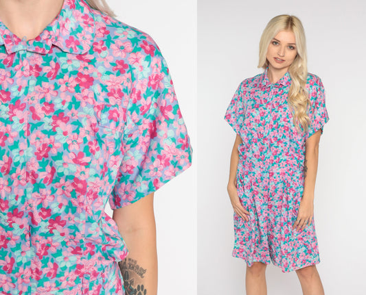 90s Floral Romper Purple Pink High-Waisted Shorts Playsuit Medium