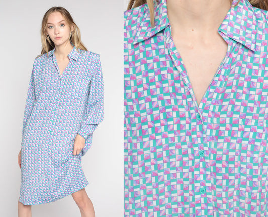 90s Checkered Button-Up Shirtdress Green Pink Knee Length Large