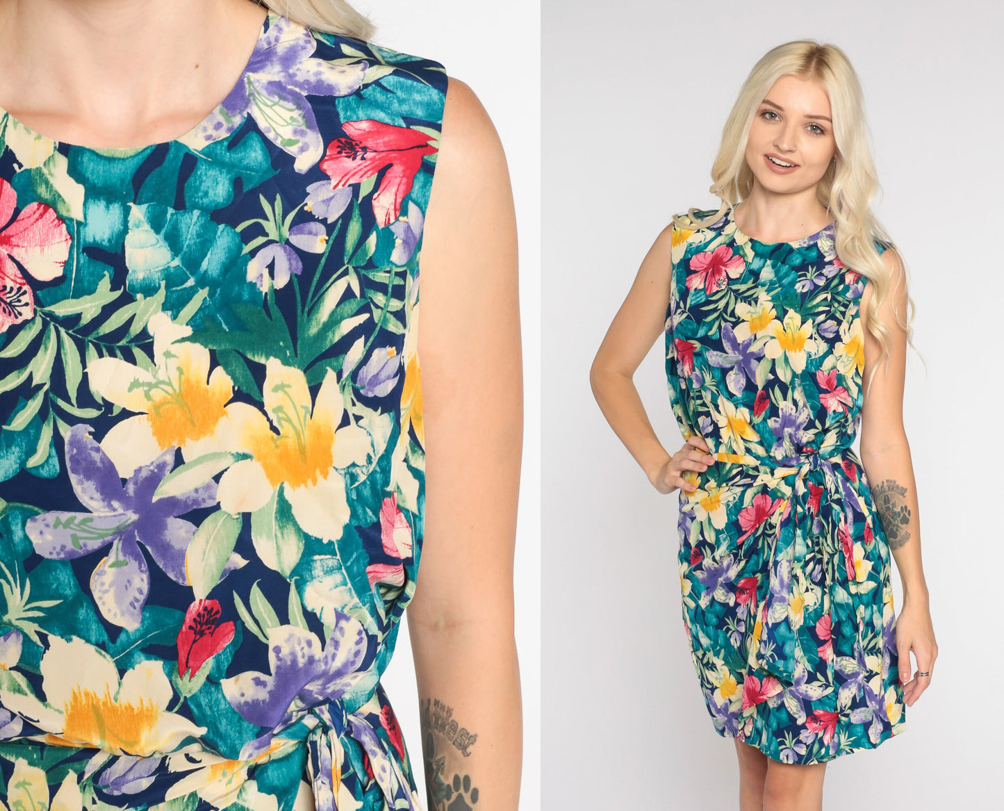90s Tropical Floral Wrap Mini Dress Hibiscus Print Sleeveless XS