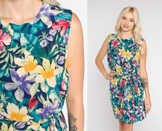 90s Tropical Floral Wrap Mini Dress Hibiscus Print Sleeveless XS