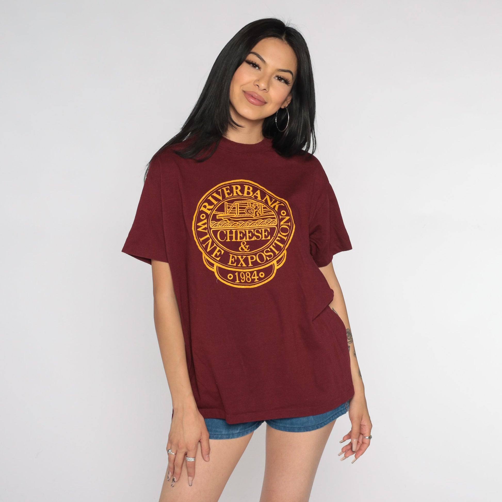 1984 Riverbank Wine & Cheese Exposition Graphic T-Shirt Burgundy Large