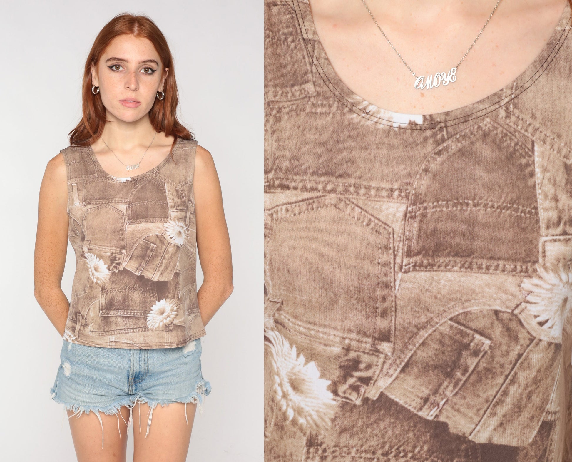 90s Floral Denim Patchwork Tank Top Brown Sleeveless Blouse Small