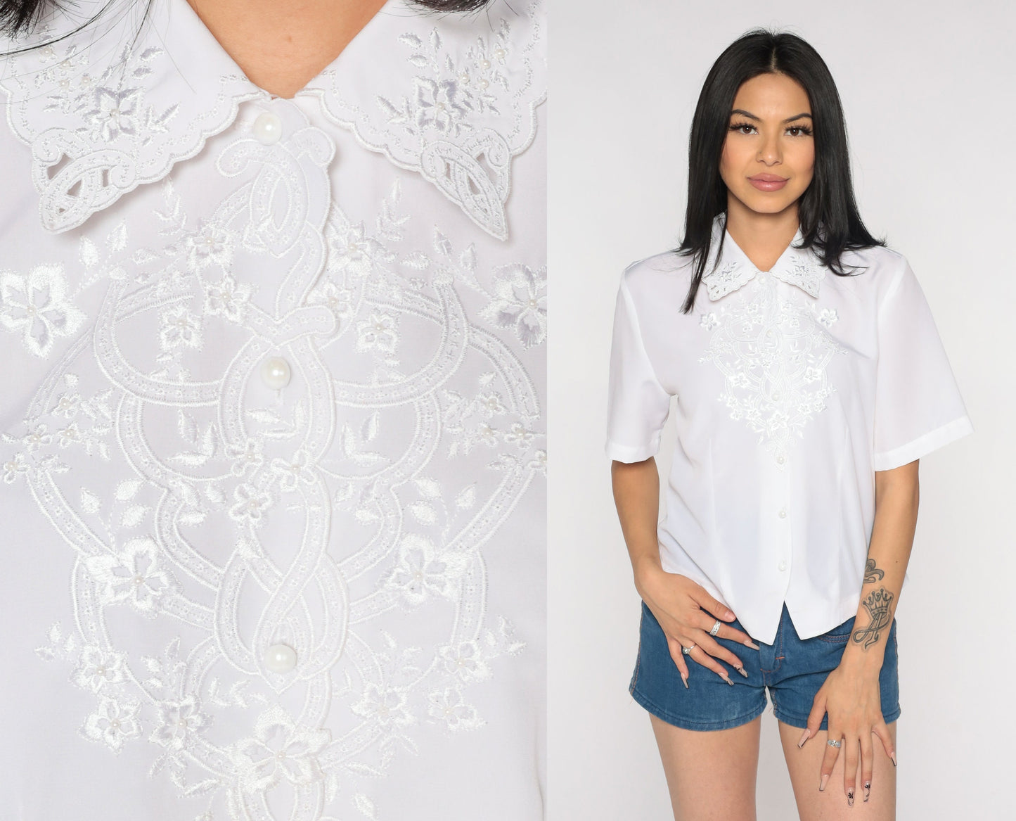 80s White Floral Embroidered Blouse Short Sleeve Collared Button Up Medium