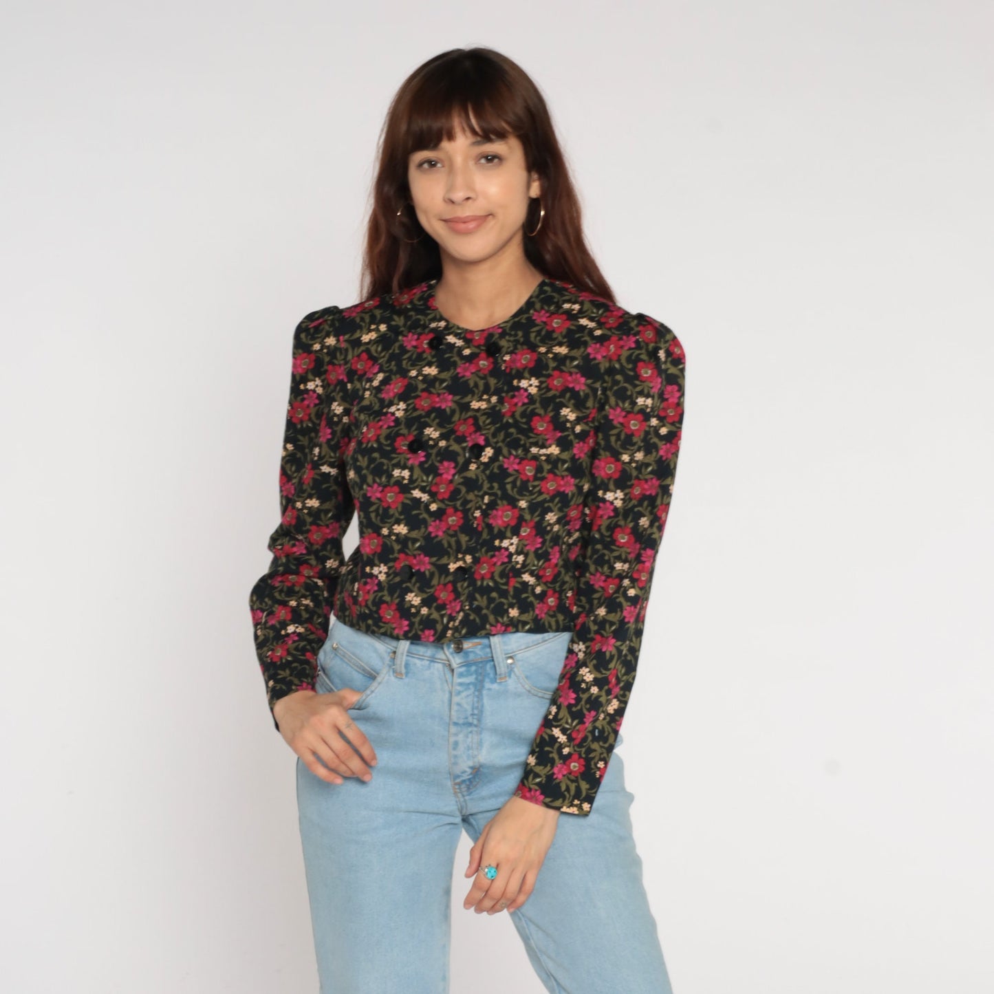 80s Black Floral Puff Sleeve Button-Up Blouse Double Breasted Medium
