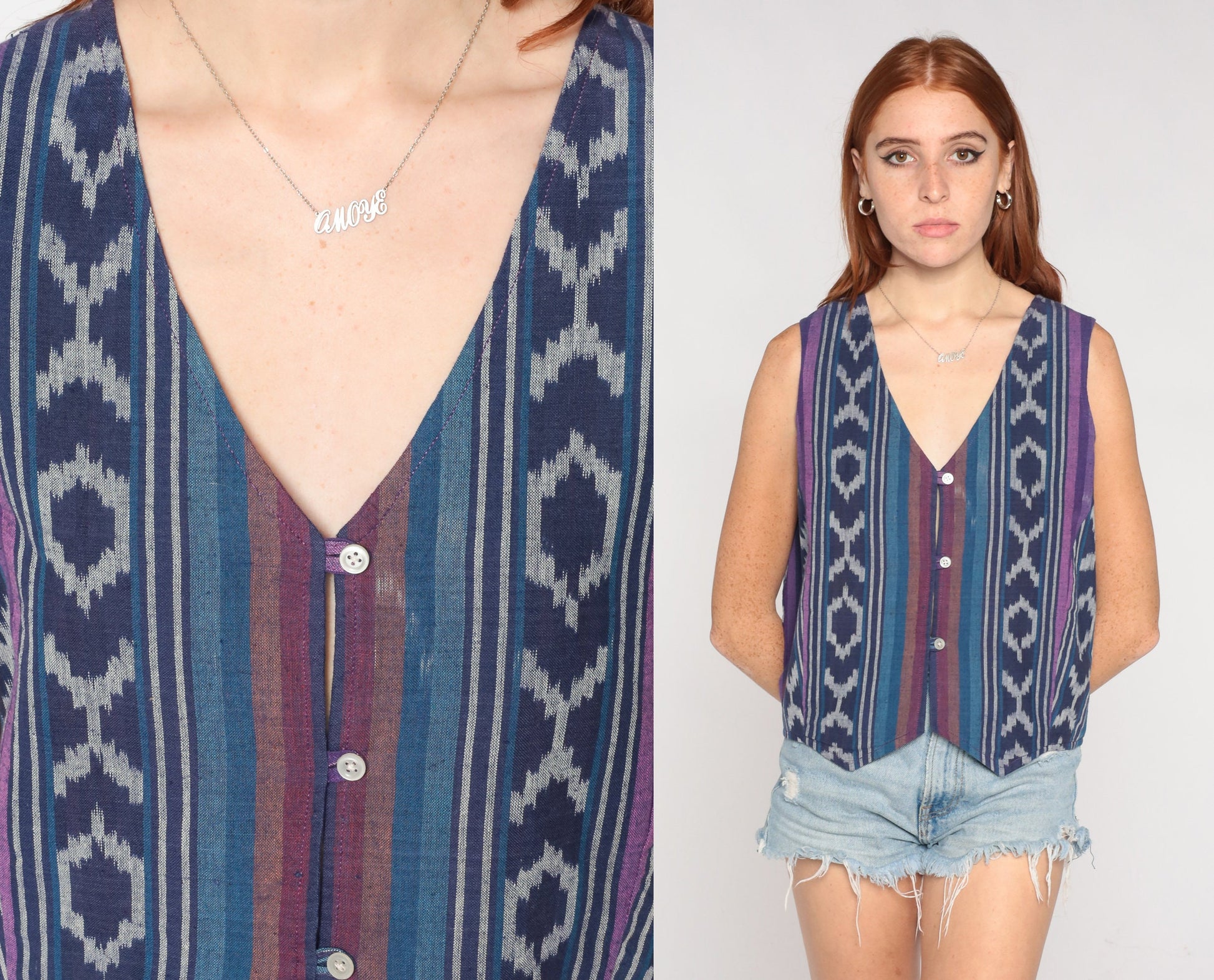 90s Blue Ikat Striped Button-Up Vest Cotton Sleeveless Top Medium