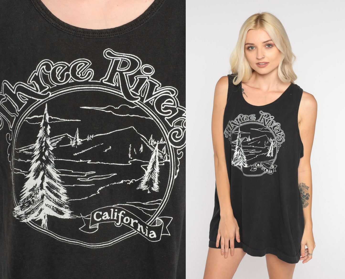 90s Three Rivers California Tank Top Forest Graphic Black Cotton Extra Large