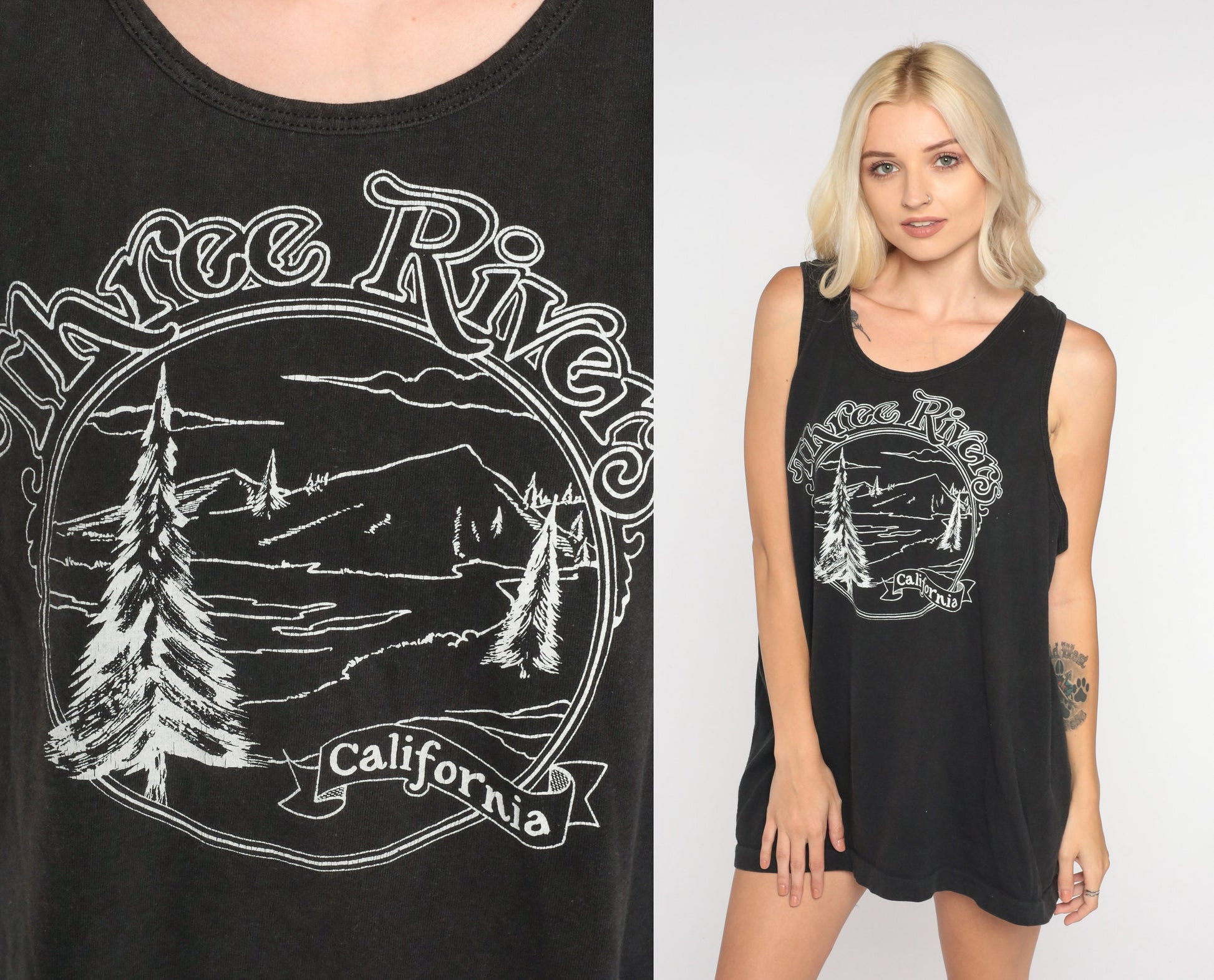 90s Three Rivers California Tank Top Forest Graphic Black Cotton Extra Large