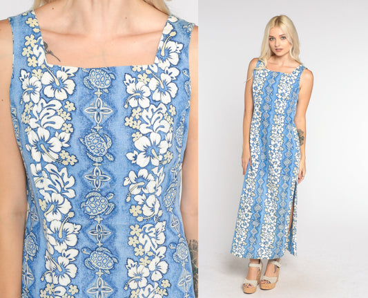 90s Blue Hawaiian Turtle Floral Midi Dress Sleeveless Extra Small XS