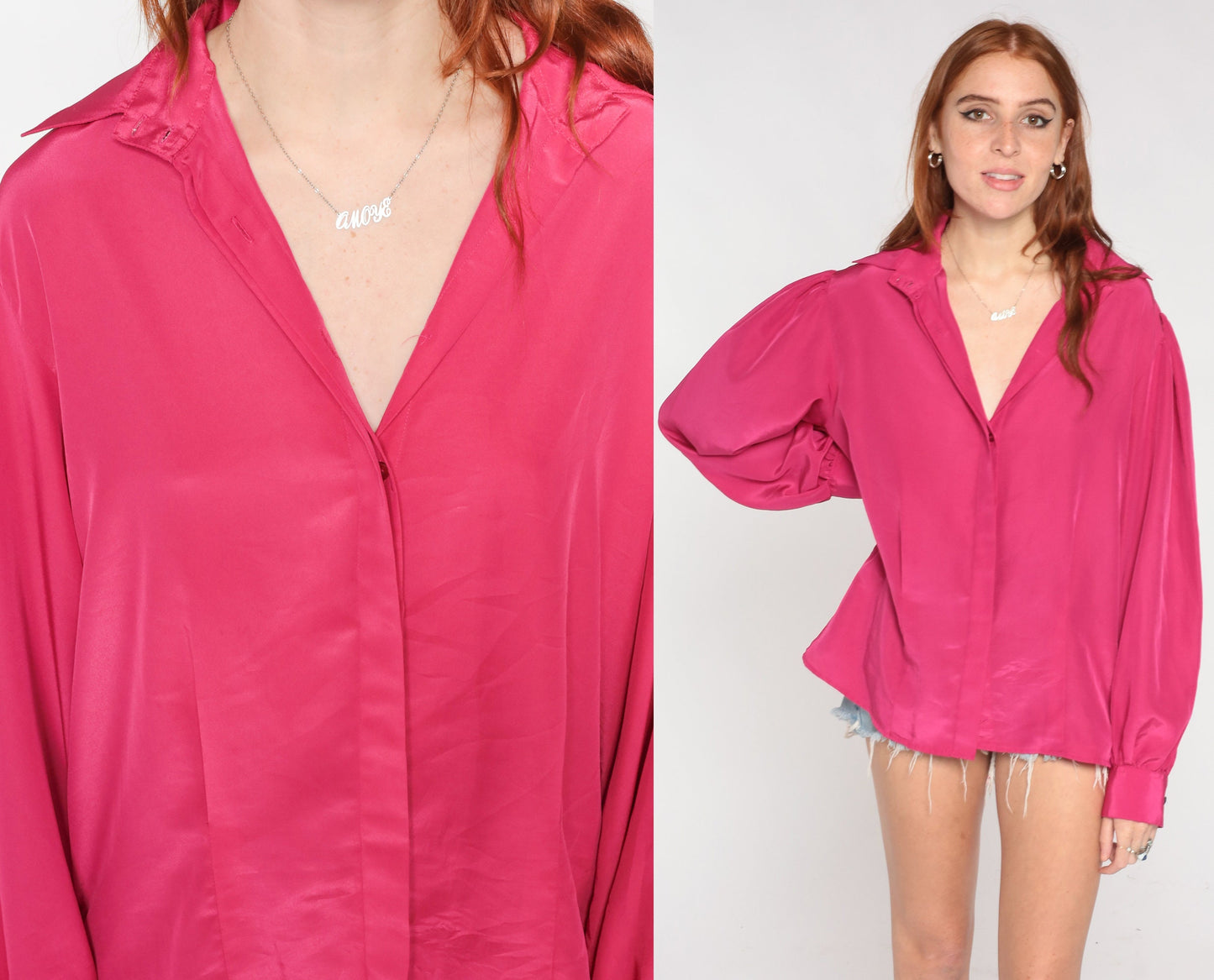 80s Fuchsia Puff Sleeve Blouse Hidden Button Up Shirt Large L