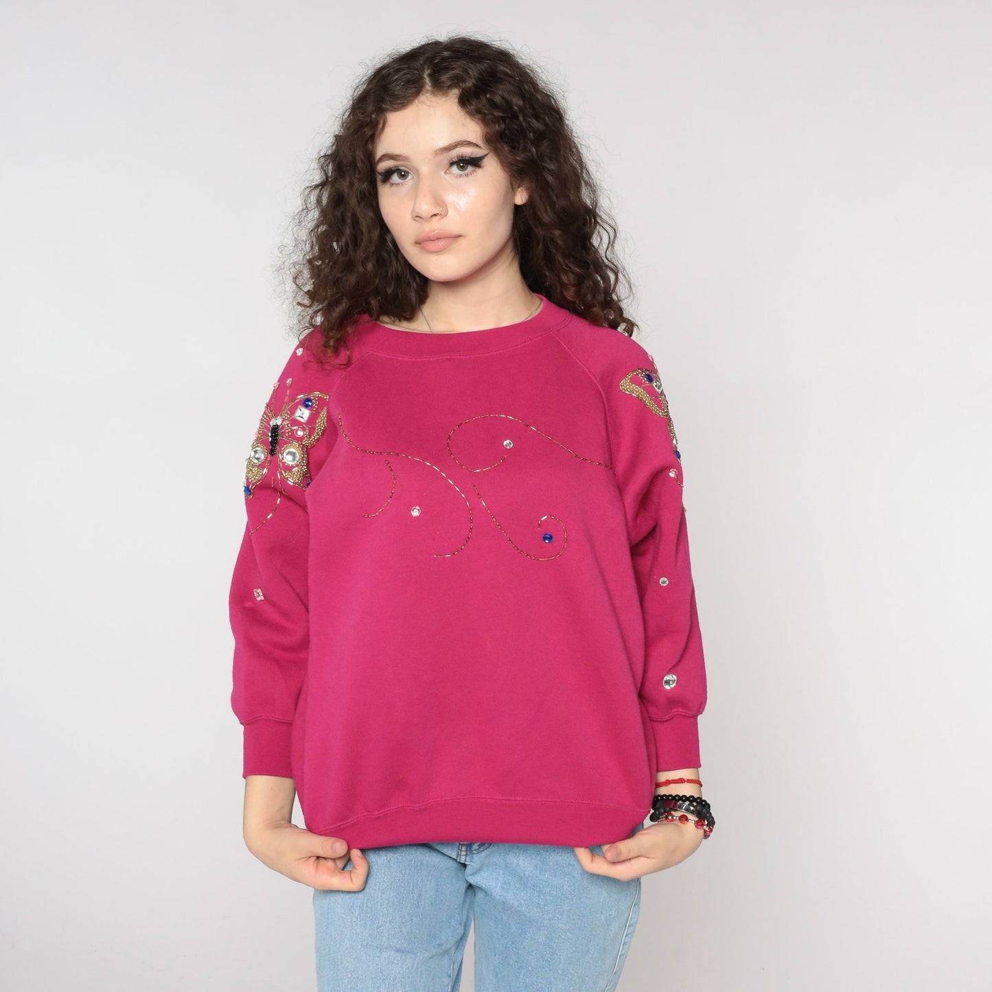 90s Beaded Butterfly Sweatshirt Fuchsia Pink Raglan Gem Embellished Small