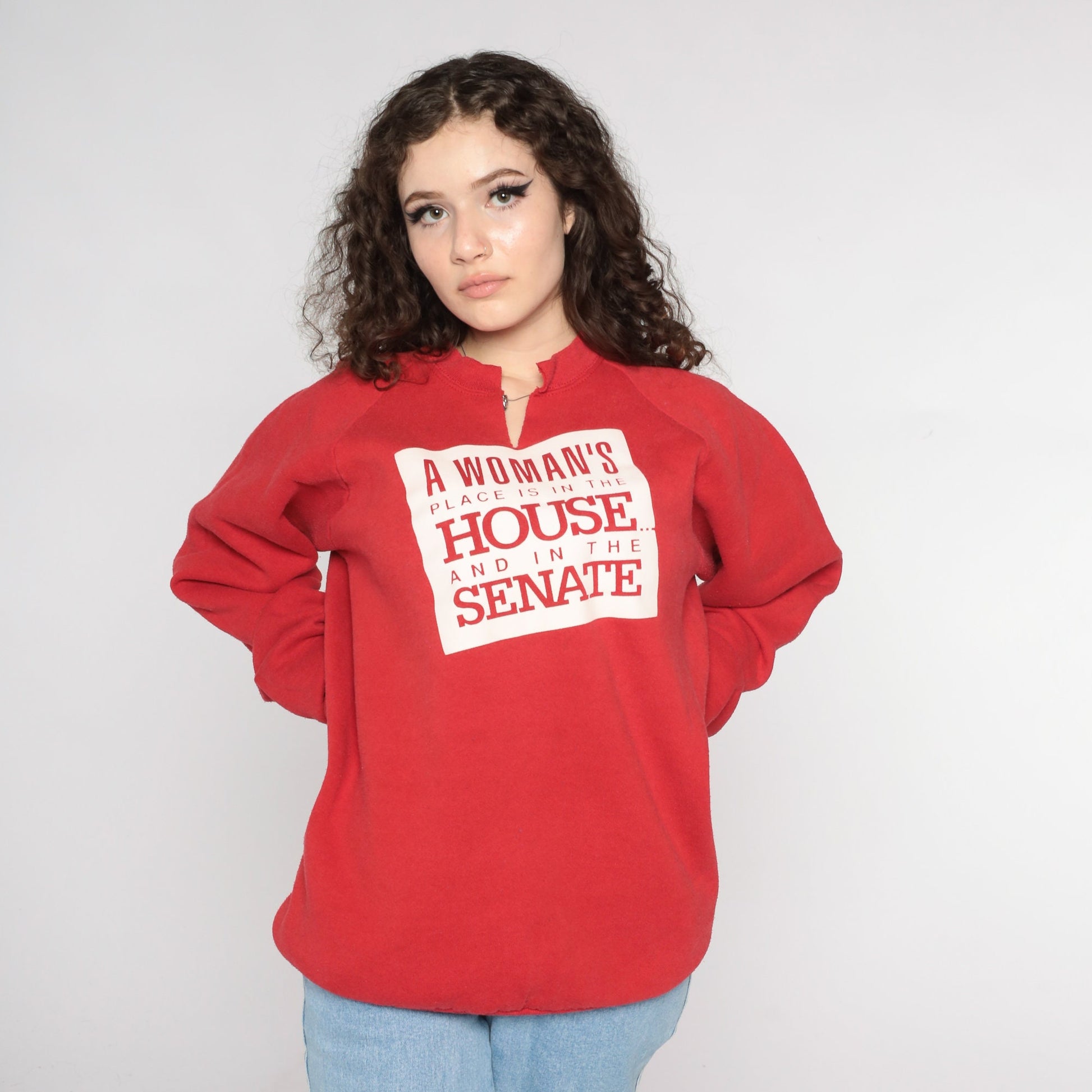 90s A Woman's Place Feminist Political Sweatshirt Josie Heath Red Raglan Extra Large XXL