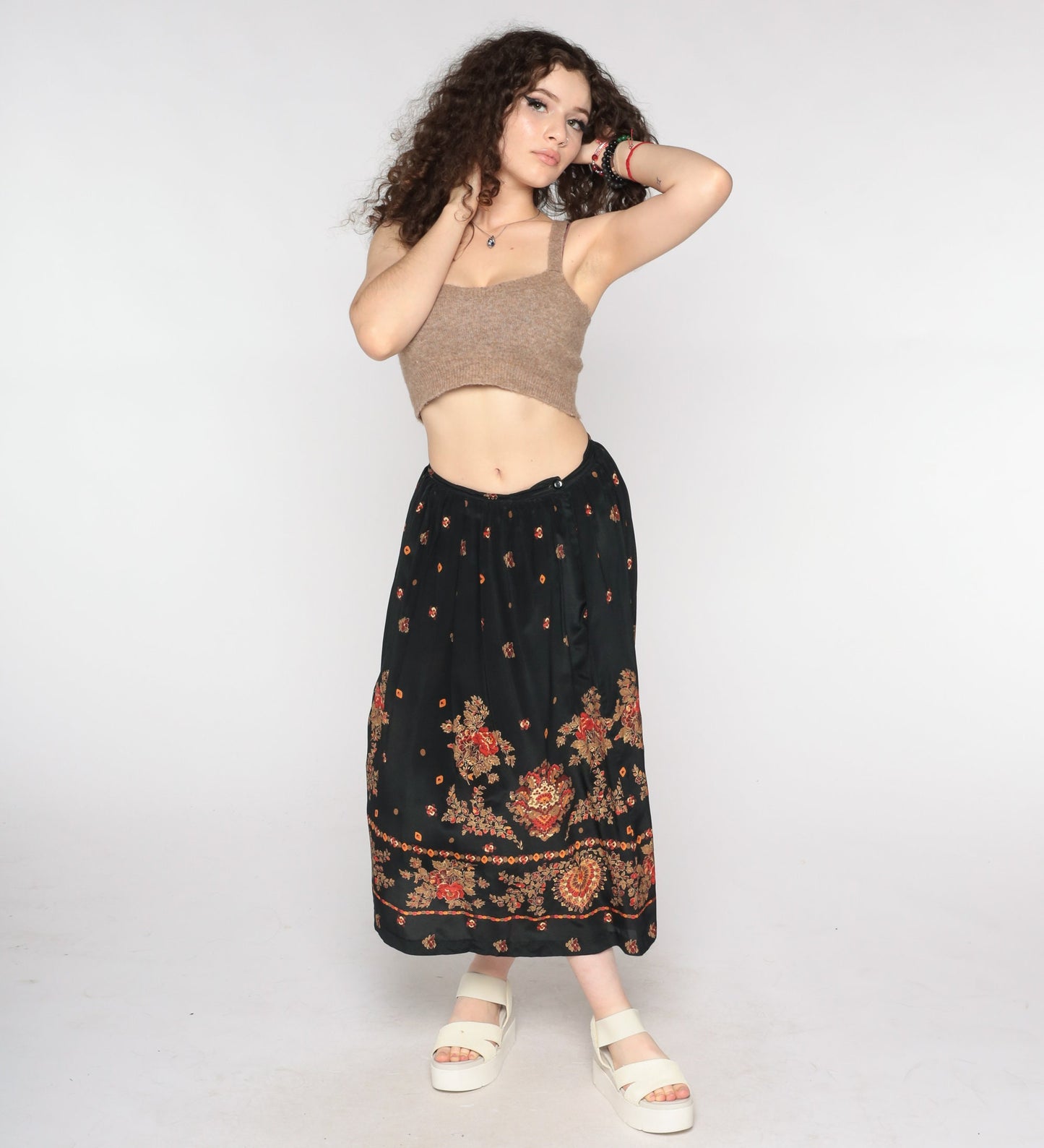 90s Black Silk Floral Midi Skirt High Waist Small 6