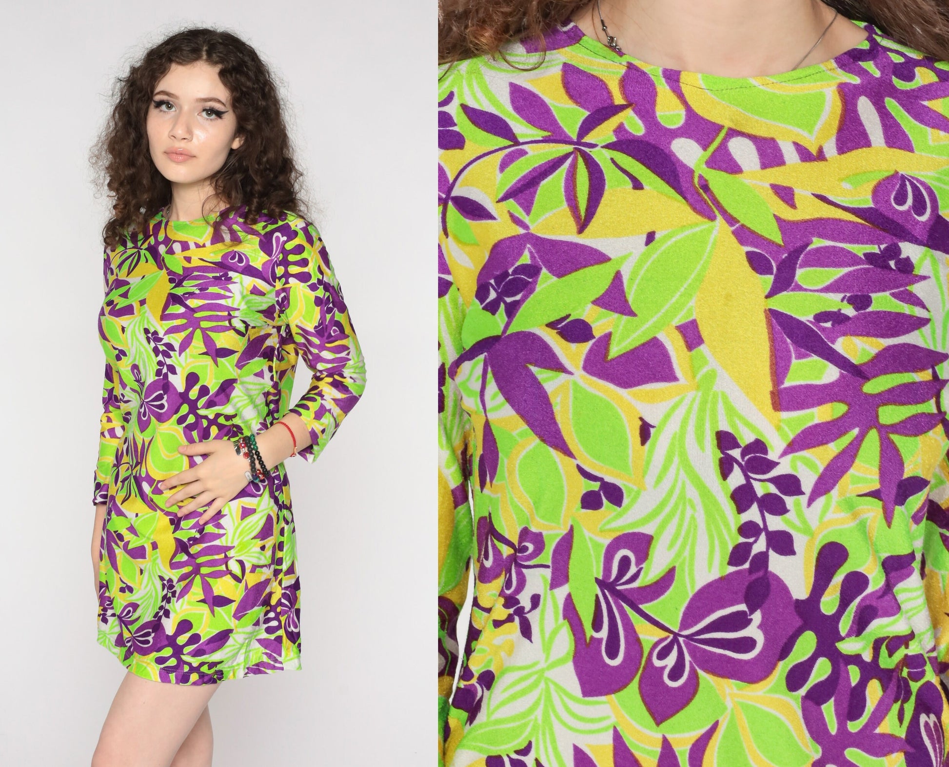 60s Psychedelic Leaf Print Mini Dress Long Sleeve Shift Green Purple Small