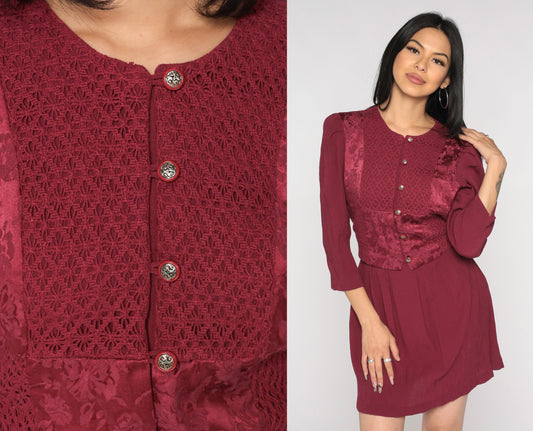 90s Burgundy Brocade Floral Mini Dress Puff Sleeve Button Front Medium M