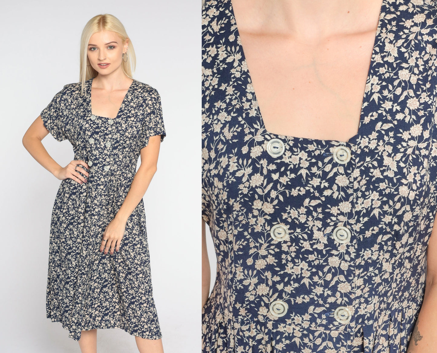 90s All That Jazz Navy Floral Midi Dress Double Breasted High Waist Small