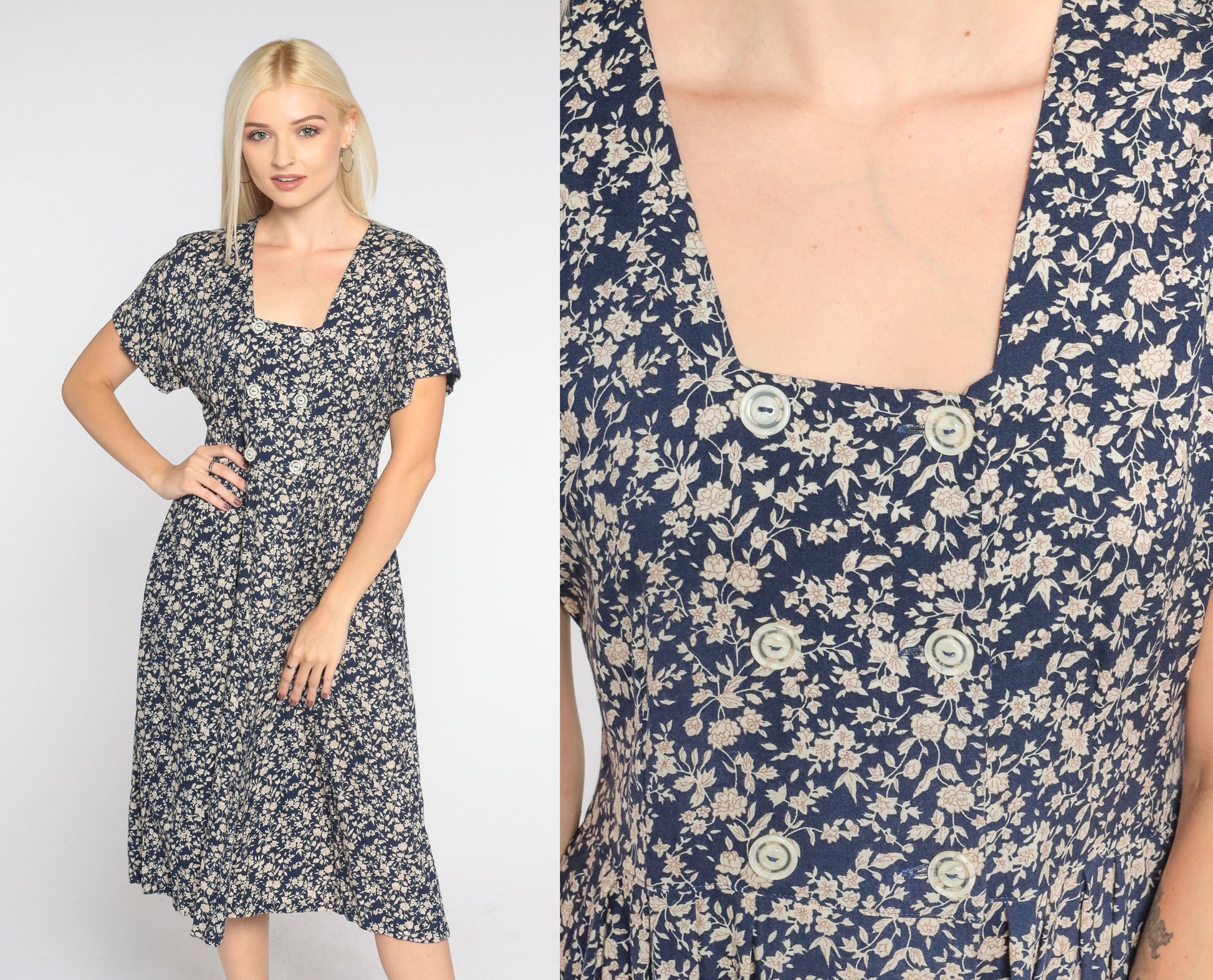 90s All That Jazz Navy Floral Midi Dress Double Breasted High Waist Small