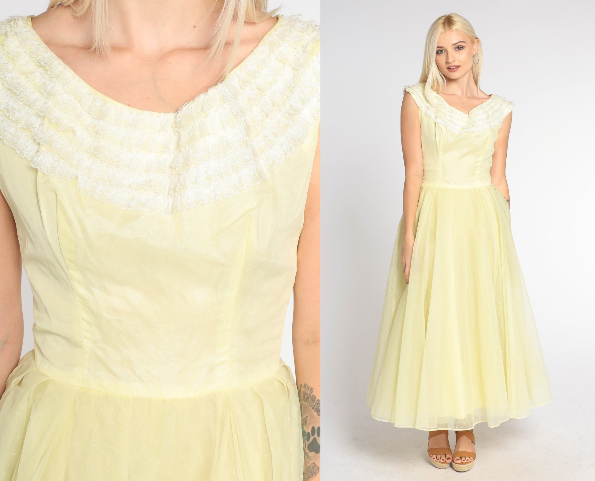 60s Yellow Chiffon Maxi Dress Lace Trim High Waist Full Skirt Extra Small