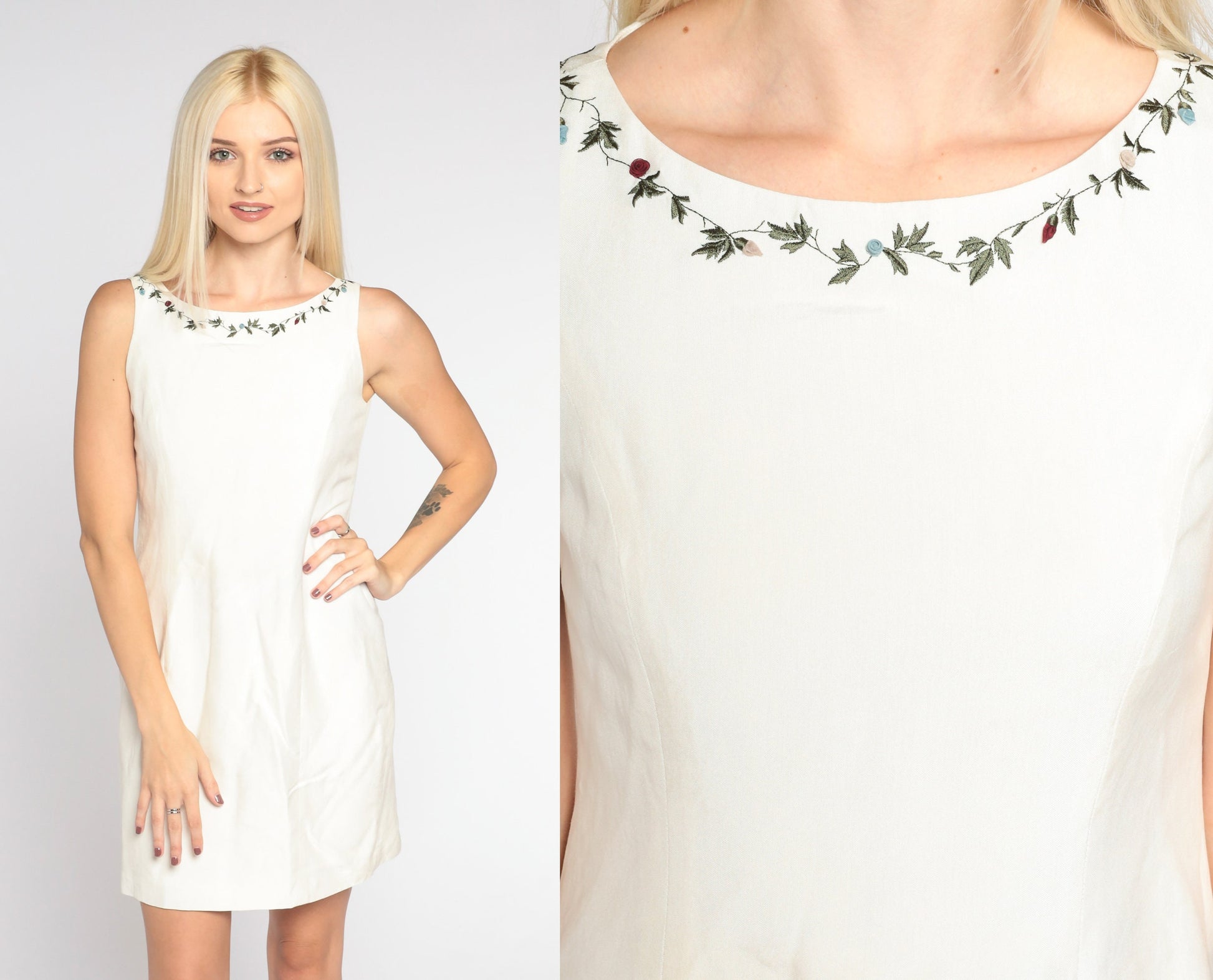00s Ann Taylor White Silk Mini Dress Floral Embroidered Sleeveless Shift Extra Small XS
