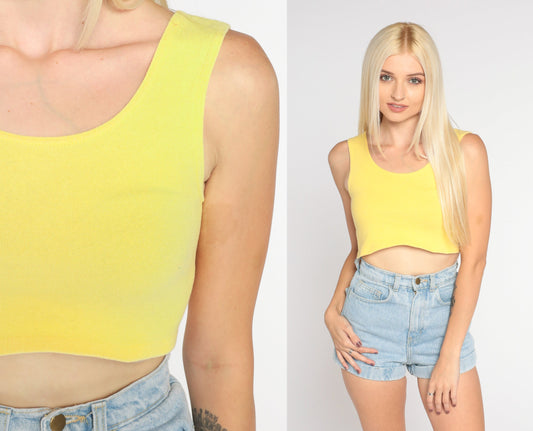 90s Yellow Ribbed Crop Tank Top Sleeveless Small