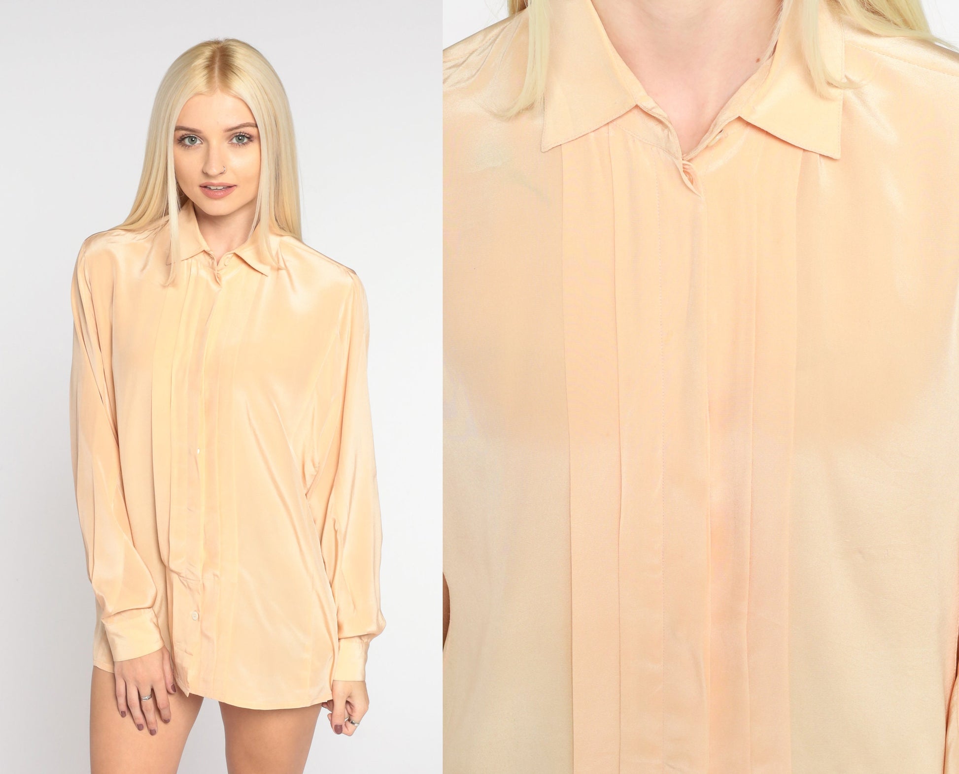 80s Peach Silk Button-Up Blouse Pleated Collar Long Sleeve Medium