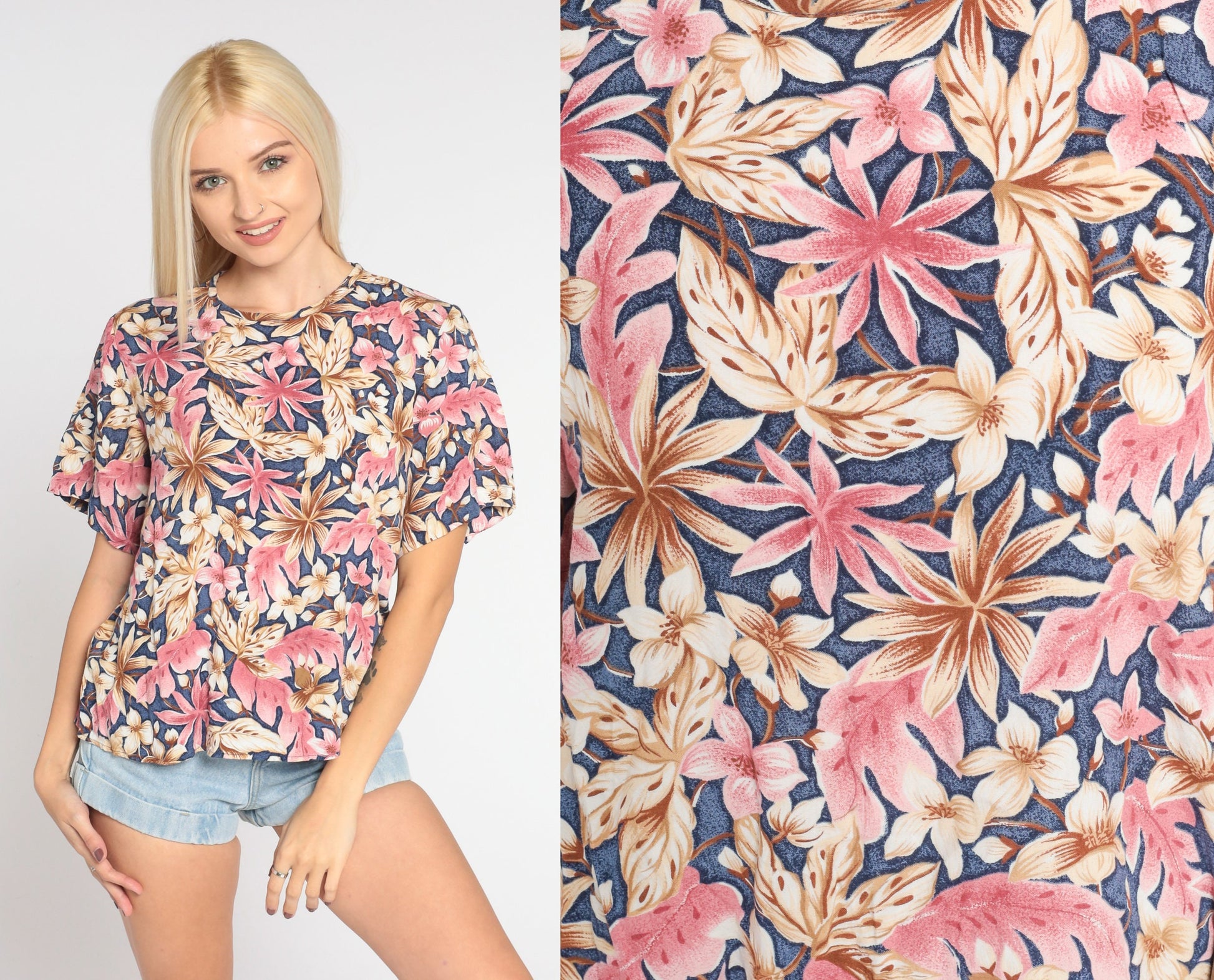 00s Tropical Floral Rayon Blouse Blue Flower Leaf Print Short Sleeve Medium