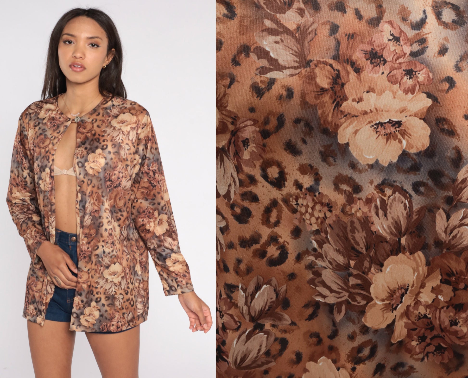 80s Floral Leopard Print Long Sleeve Blouse Animal Print Shirt Large