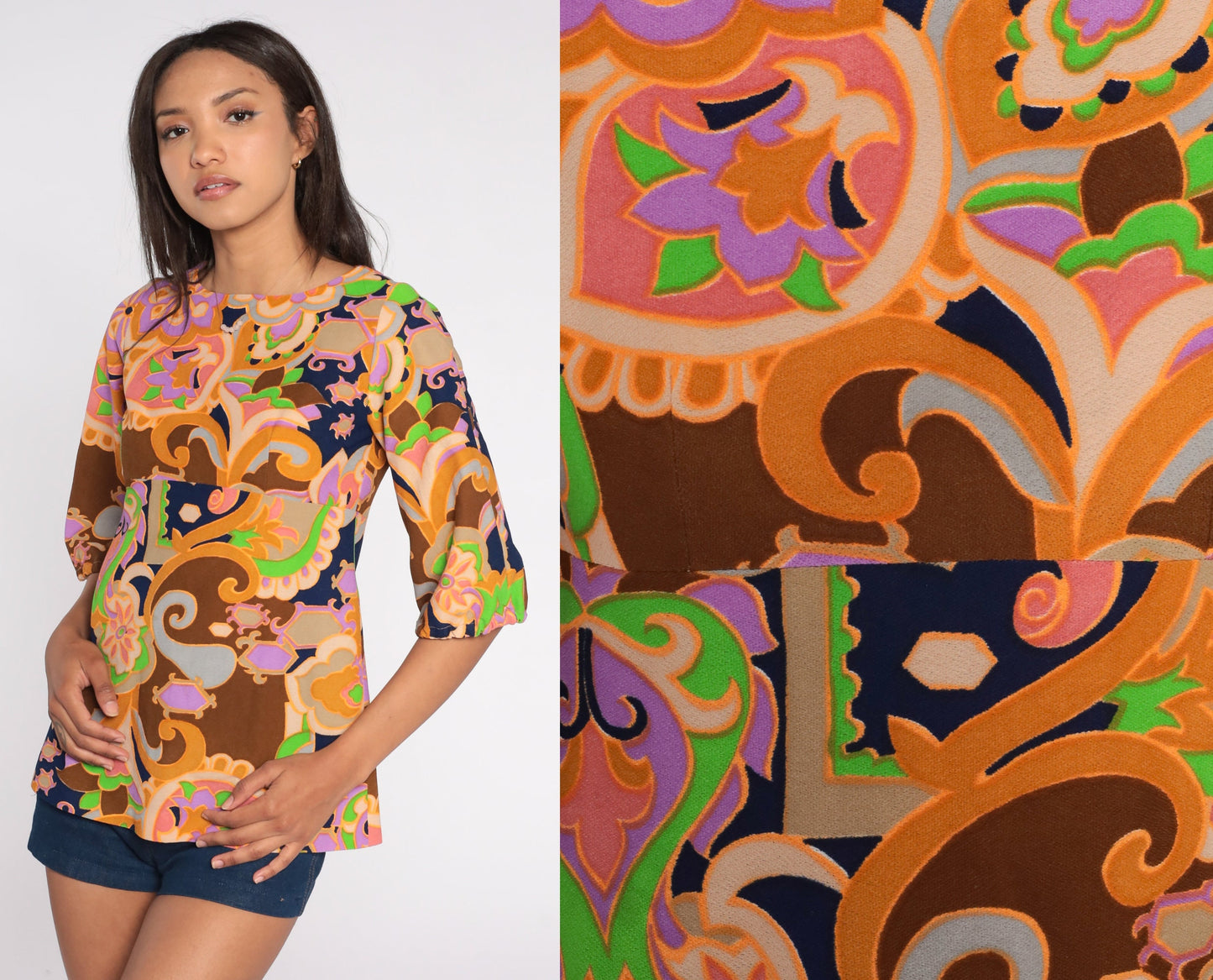 70s Floral Blouse Half-Sleeve Empire Waist Brown Psychedelic Shirt XS
