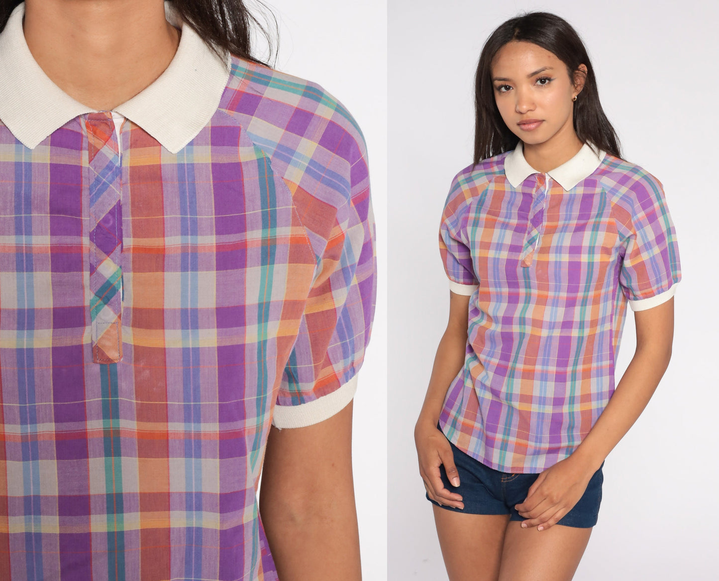 80s Plaid Button-Up Blouse Purple Orange Green Contrast Collar Short Sleeve Small