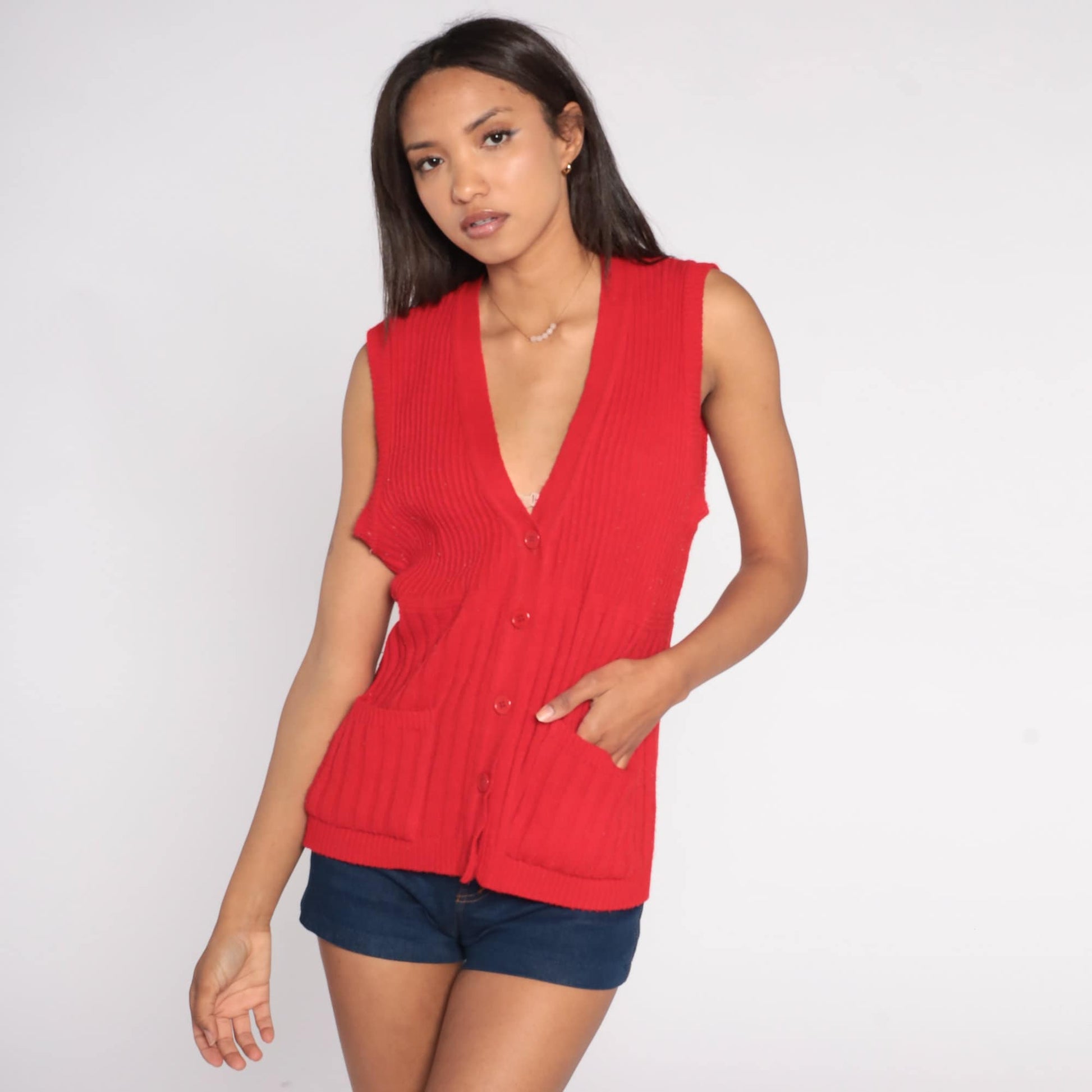 80s Red Ribbed Knit Sweater Vest Button-Up V-Neck Sleeveless Large L