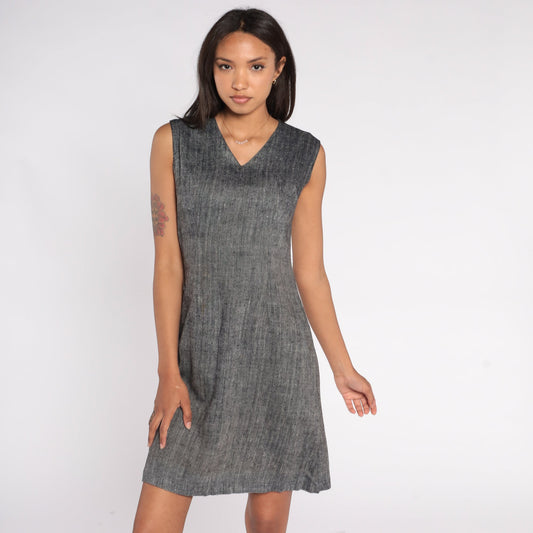 60s Grey Twill Shift Dress V Neck Sleeveless Mini Small S