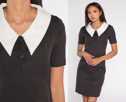 1940s Striped Sheath Dress Black Brown White Collar Empire Waist Mini XS