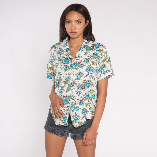 90s White Floral Rose Print Button-Up Blouse Short Sleeve Collared Medium M