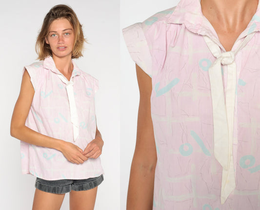 80s Pink Abstract Necktie Blouse Cap Sleeve Ascot Top Small S