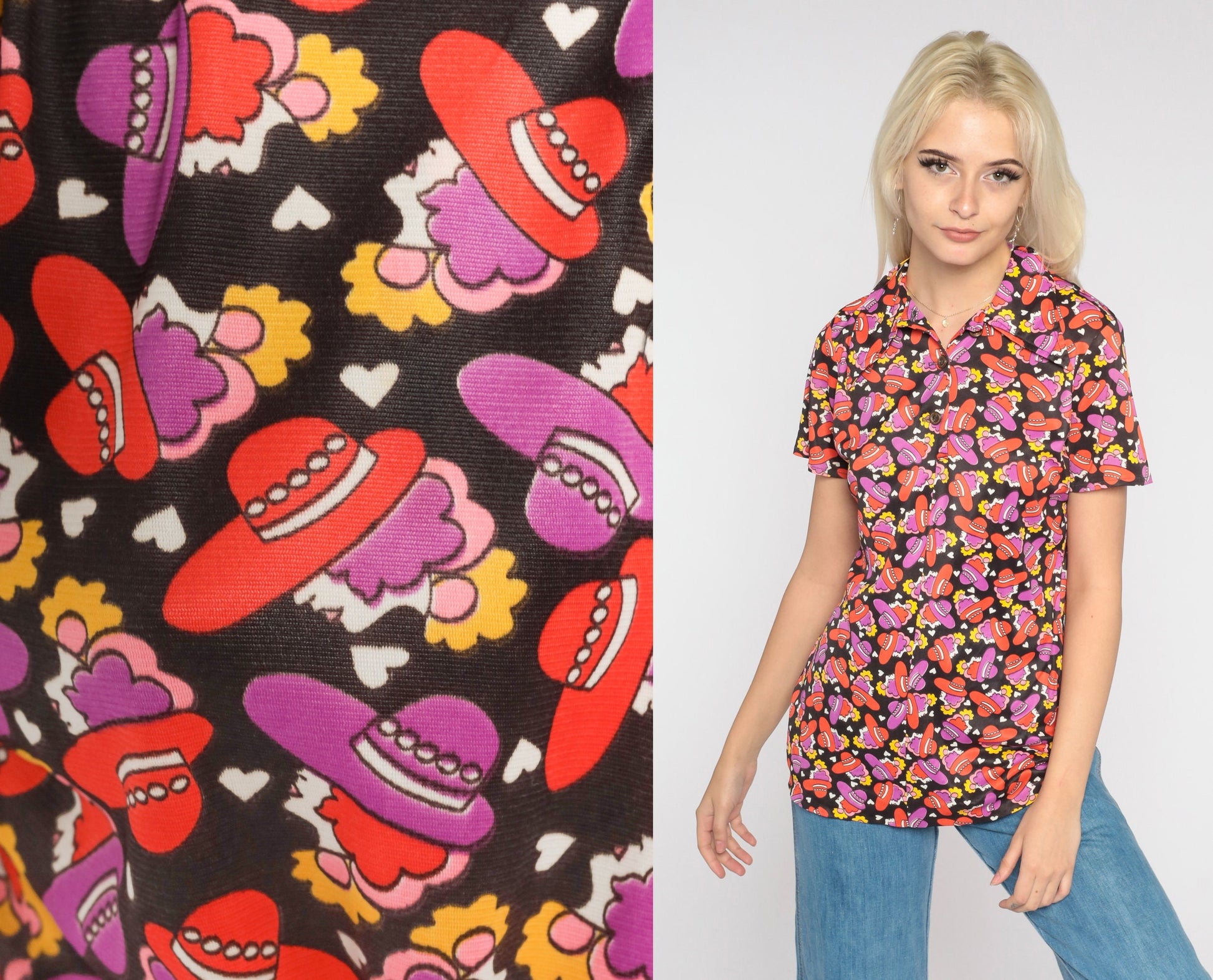 70s Disco Blouse Black Dagger Collar Heart Hat Print Short Sleeve Small Medium