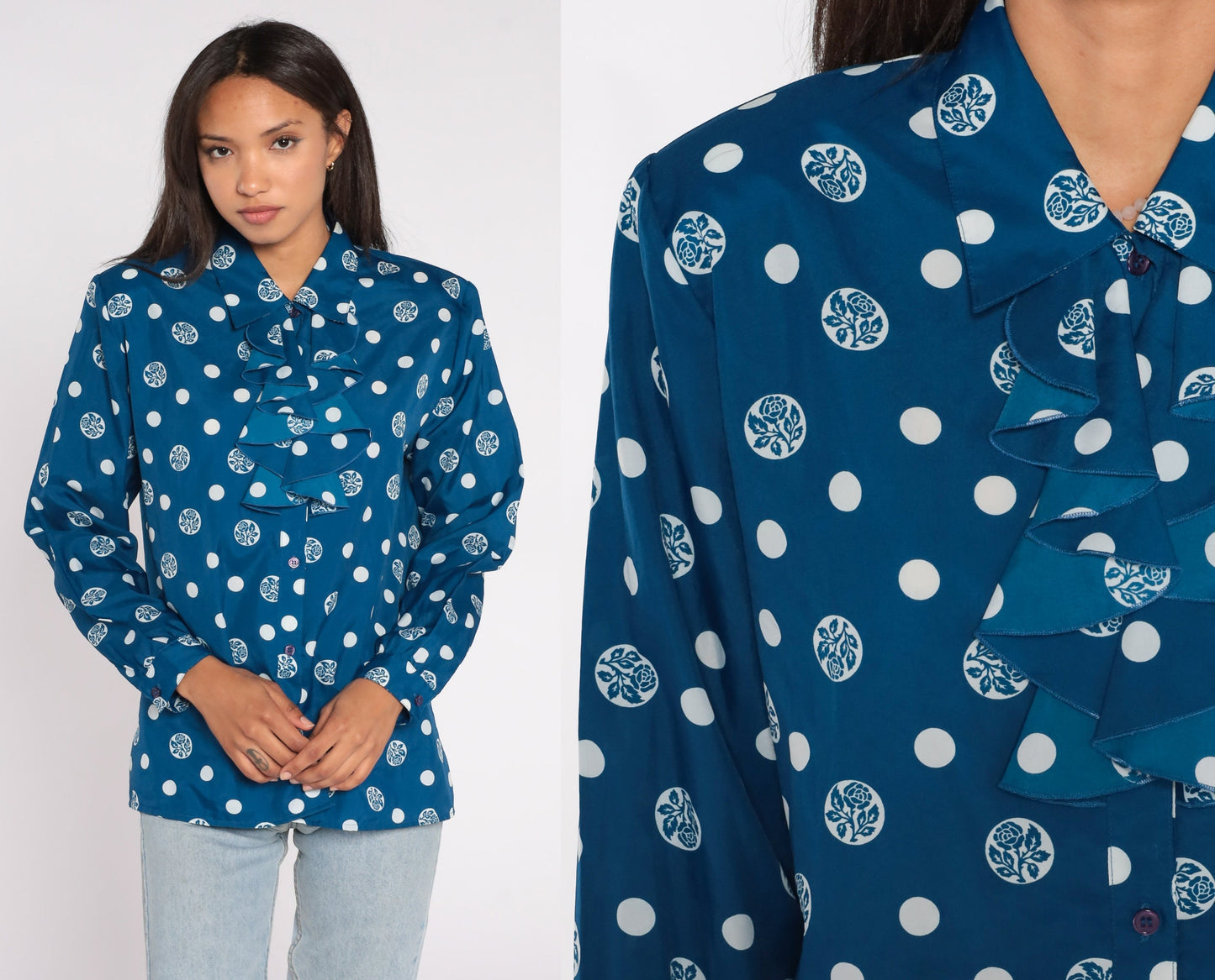 80s Blue Floral Polka Dot Jabot Blouse Button Up Long Sleeve Large L