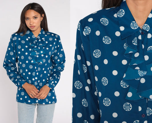 80s Blue Floral Polka Dot Jabot Blouse Button Up Long Sleeve Large L