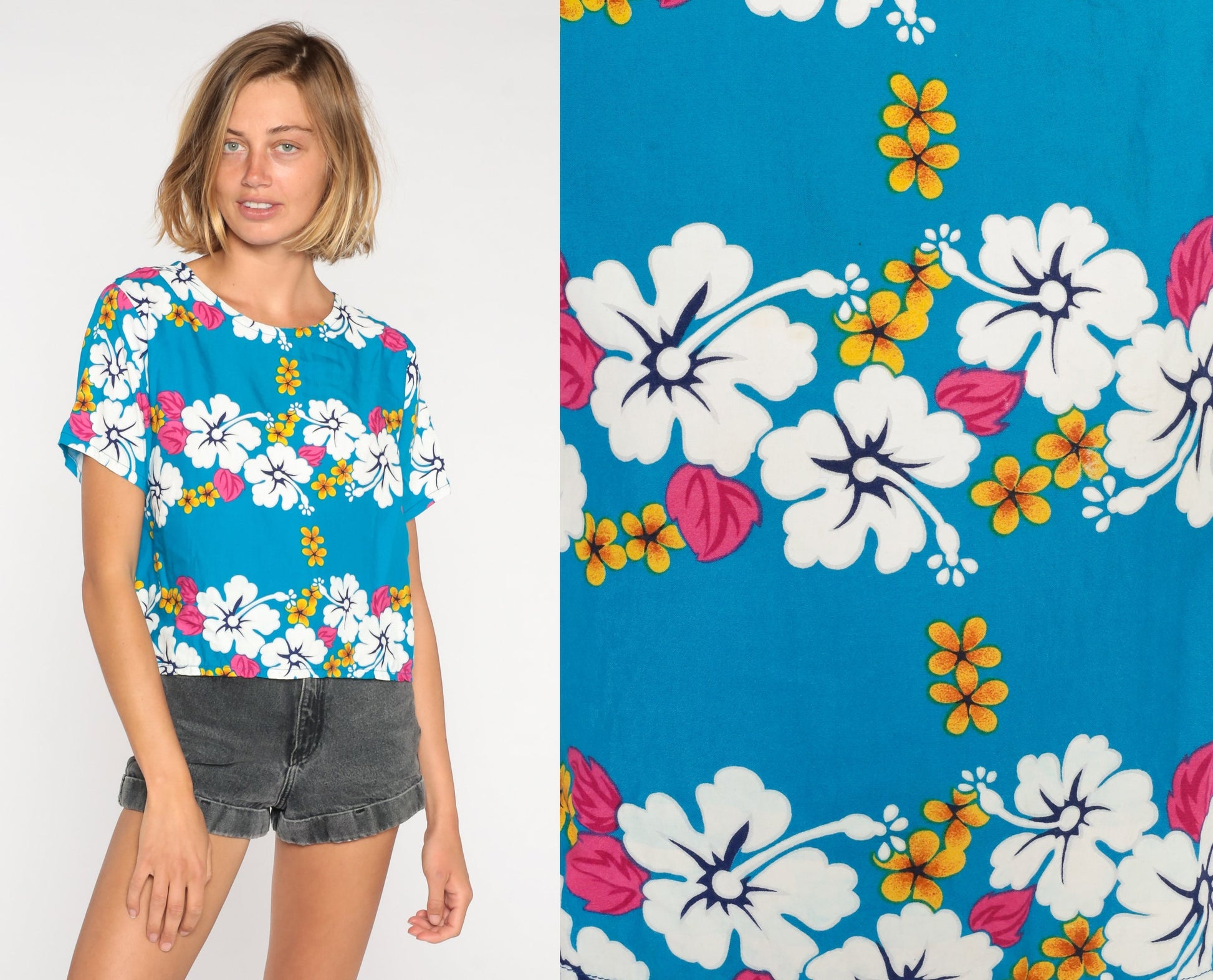 00s Tropical Floral Hibiscus T-Shirt Blue Hawaiian Print Tee Medium M