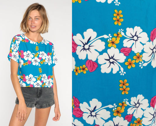 00s Tropical Floral Hibiscus T-Shirt Blue Hawaiian Print Tee Medium M