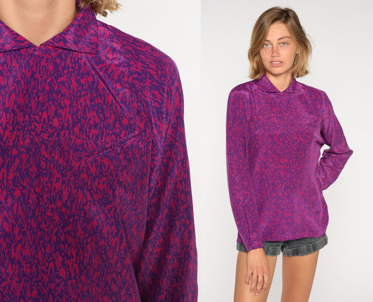80s Purple Abstract Print Collared Blouse Long Sleeve Small