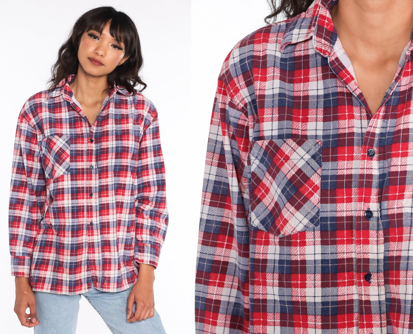 90s Red Blue Plaid Flannel Shirt Cotton Button Up Medium
