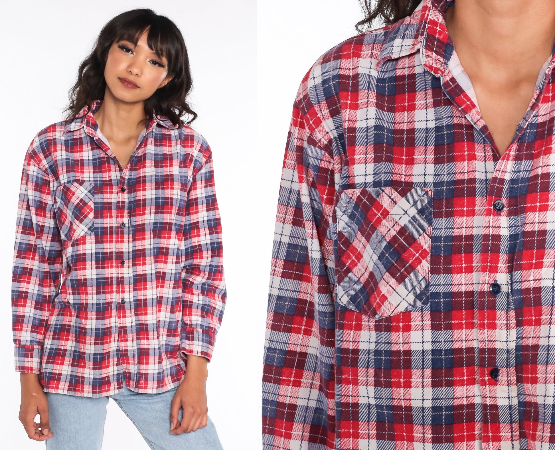 90s Red Blue Plaid Flannel Shirt Cotton Button Up Medium