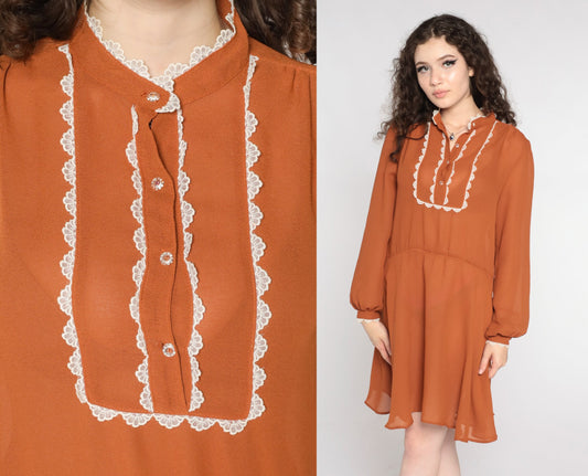 70s Brown Lace Bib Mini Dress Button-Up Long Sleeve Medium