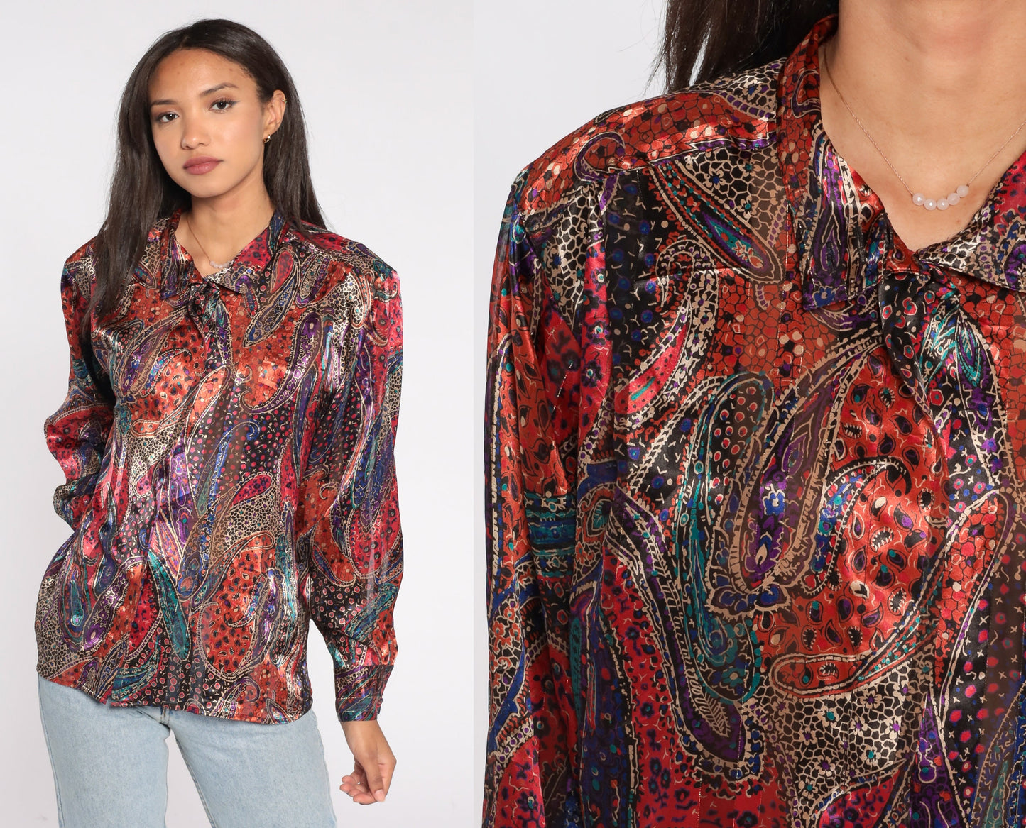 80s Paisley Button-Up Blouse Metallic Stripes Long Sleeve Shirt Size 14